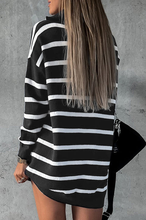 Striped O-Ring Zip Front Collared Drop Shoulder Long Sleeve Sweater Dress